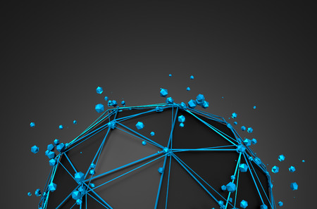 Abstract 3d rendering of low poly black sphere with chaotic structure. Sci-fi background with wireframe and globe in empty space. Futuristic shape.の写真素材