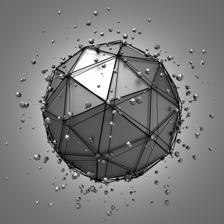 Abstract 3d rendering of low poly metal sphere with chaotic structure. Sci-fi background with wireframe and globe in empty space. Futuristic shape.の写真素材