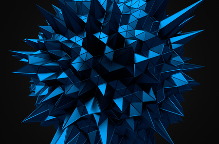Abstract 3d rendering of blue sphere with chaotic structure. Dark background with wireframe and globe in empty space. Futuristic shape.の写真素材