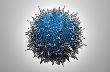 Abstract 3d rendering of blue sphere with chaotic structure. Background with wireframe and globe in empty space. Futuristic shape.の写真素材