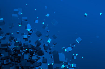 Abstract 3d rendering of chaotic particles. Sci fi cubes in empty space. Futuristic background.の写真素材