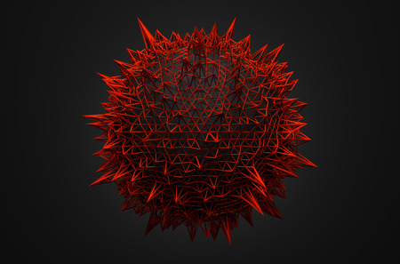 Abstract 3d rendering of sphere with chaotic structure. Dark background with wireframe and globe in empty space. Futuristic shape.