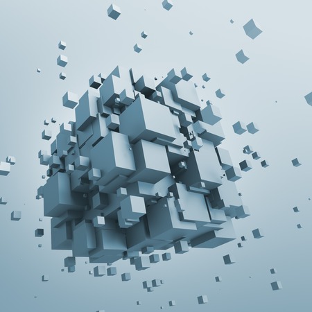 Abstract 3d rendering of chaotic particles. Sci fi cubes in empty space. Futuristic background.の写真素材