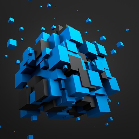Abstract 3d rendering of chaotic particles. Sci fi cubes in empty space. Futuristic background.の写真素材