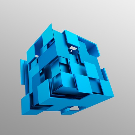 Abstract 3d rendering of flying cube. Sci fi shape in empty space. Futuristic background.の写真素材
