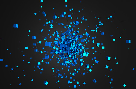 Abstract 3d rendering of chaotic particles. Flying cubes in empty space. Futuristic background.の写真素材