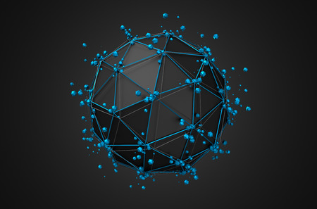 Abstract 3d rendering of low poly black sphere with chaotic structure. Sci-fi background with wireframe and globe in empty space. Futuristic shape.の写真素材