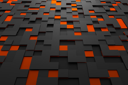 Abstract 3d rendering of black and orange futuristic surface with squares. Sci-fi background.の写真素材