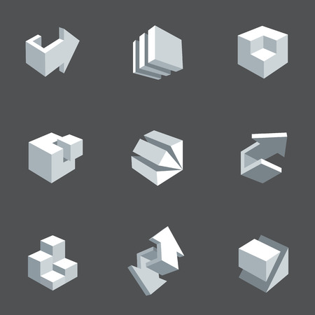 Vector illustration of abstract arrows and cubes, low poly style. 3d icon set. Design element for banner, poster, flyer, cover, brochure. Polygonal geometric figures. Logo design.のイラスト素材