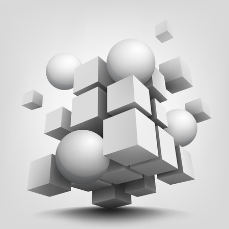 Abstract vector Illustration. Composition with 3d cubes and spheres. Background design for banner, poster, flyer.のイラスト素材