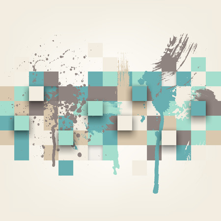 Vector background. Illustration of abstract texture with squares and paint splashes. Pattern design for banner, poster, flyer, cover, brochure. Hand drawn watercolor paint splash.のイラスト素材