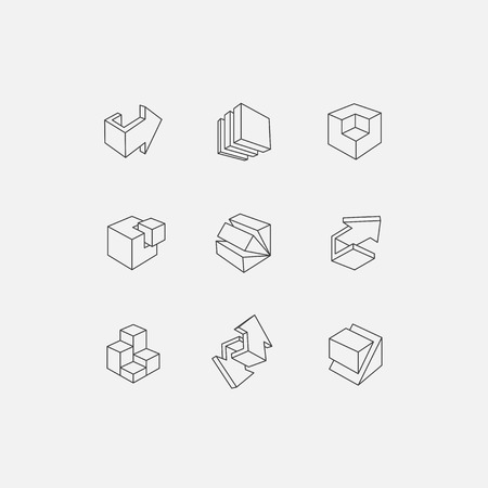 Set of 3d icons. Vector illustration of abstract arrows and cubes, low poly style. Design element for poster, flyer, cover, brochure. Polygonal geometric figures. Logo design.のイラスト素材