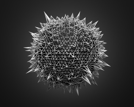 Abstract 3d rendering of sphere with chaotic structure. Dark background with wireframe and globe in empty space. Futuristic shape.の写真素材