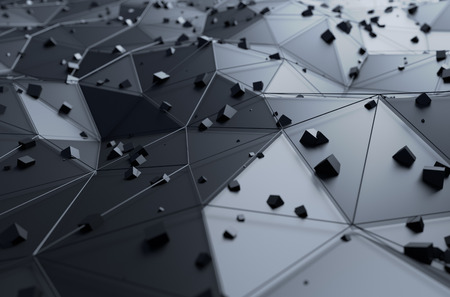 Abstract 3d rendering of surface with chaotic cubes. Background with futuristic lines and low poly shape.の写真素材
