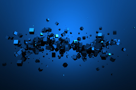 Abstract 3d rendering of chaotic particles. Sci fi cubes in empty space. Futuristic background.の写真素材
