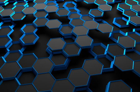 Abstract 3d rendering of futuristic surface with hexagons. Dark sci-fi background.