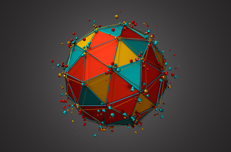 Abstract 3d rendering of colored sphere with particles. Colorful background with wireframe and globe in empty space.の写真素材