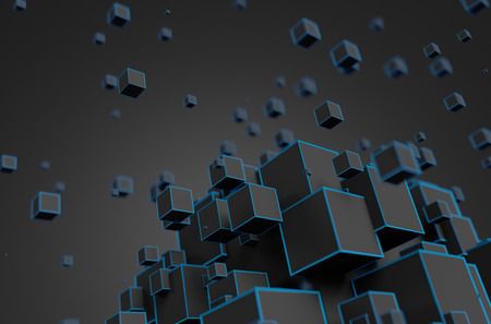 Abstract 3d rendering of chaotic particles. Futuristic cubes in empty space. Sci-fi background.の写真素材