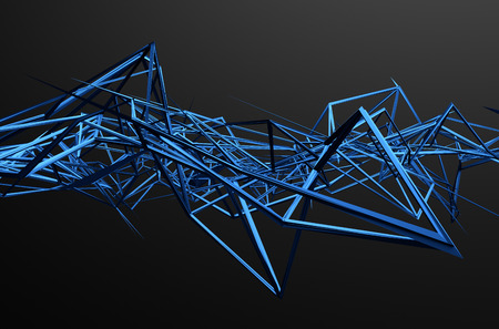 Abstract 3d rendering of chaotic structure. Dark background with futuristic shape in empty space.
