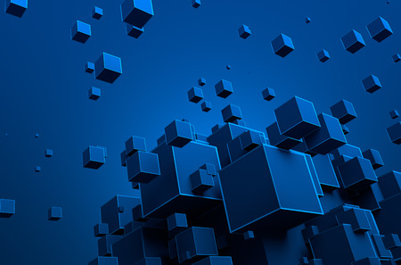 Abstract 3d rendering of chaotic particles. Futuristic cubes in empty space. Sci-fi background.の写真素材
