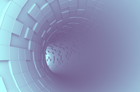 Abstract 3d rendering of futuristic tunnel. Background with sci-fi pipe and chaotic cubes.の写真素材