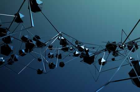 Abstract 3d rendering of chaotic metal structure. Dark background with chrome lines and low poly spheres in empty space. Futuristic steel shape.の写真素材