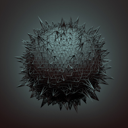 Abstract 3d rendering of sphere with chaotic structure. Dark background with wireframe and globe in empty space. Futuristic shape.の写真素材