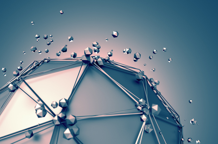 Abstract 3d rendering of low poly metal sphere with chaotic structure. Sci-fi background with wireframe and globe in empty space. Futuristic shape.の写真素材