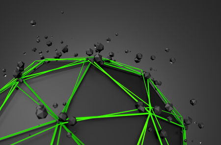 Abstract 3d rendering of low poly black sphere with chaotic structure. Sci-fi background with wireframe and globe in empty space. Futuristic shape.の写真素材