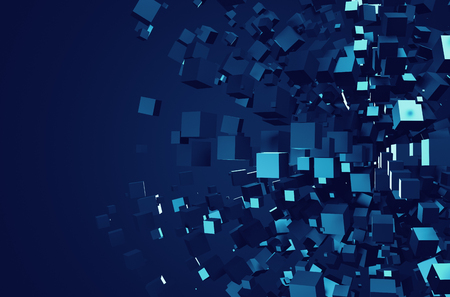 Abstract 3d rendering of chaotic particles. Poster with random cubes in empty space. Futuristic background.の写真素材