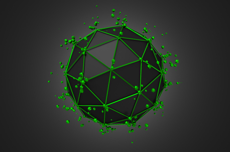 Abstract 3d rendering of low poly black sphere with chaotic structure. Sci-fi background with wireframe and globe in empty space. Futuristic shape.の写真素材