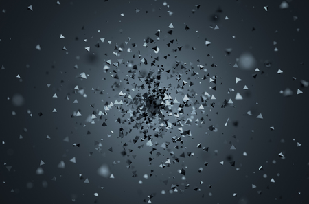 Abstract 3d rendering of chaotic particles. Sci-fi low poly pyramids in empty space. Futuristic background.の写真素材
