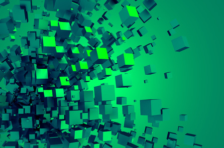 Abstract 3d rendering of chaotic particles. Poster with random cubes in empty space. Futuristic background.の写真素材