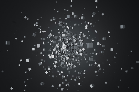 Abstract 3d rendering of chaotic particles. Poster with random gray cubes in empty space. Futuristic background.の写真素材