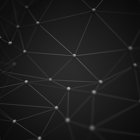 Abstract 3d rendering of chaotic structure. Dark background with lines and spheres in empty space. Futuristic shape.の写真素材