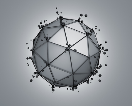 Abstract 3d rendering of low poly gray sphere with chaotic structure. Sci-fi background with wireframe and globe in empty space. Futuristic shape.の写真素材