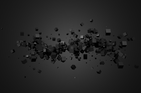 Abstract 3d rendering of chaotic particles. Poster with random cubes in empty space. Futuristic background.の写真素材