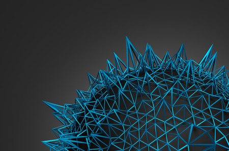 Abstract 3d rendering of sphere with blue chaotic structure. Background with wireframe and globe in empty space. Futuristic shape.の写真素材