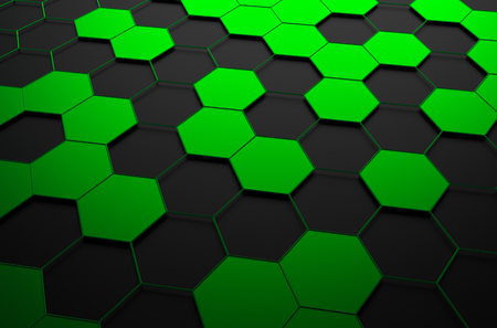 Abstract 3d rendering of futuristic surface with green and black hexagons. Sci-fi background.の写真素材