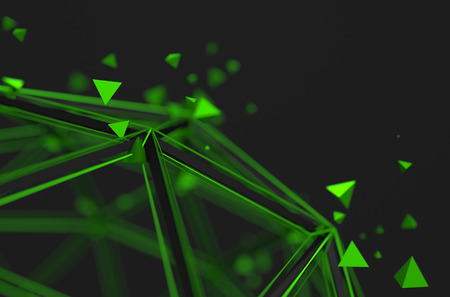 Abstract 3d rendering of low poly structure. Sci-fi background with wireframe and particles in empty space. Futuristic shape.の写真素材