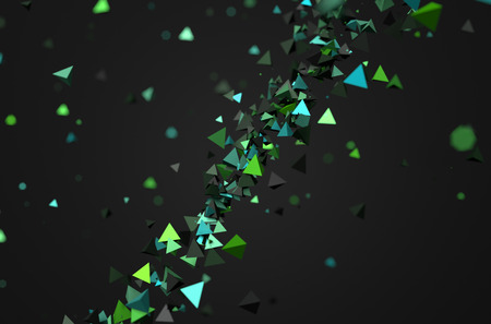 Abstract 3d rendering of green chaotic particles. Background of pyramids in empty space.の写真素材