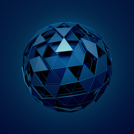 Abstract 3d rendering of low poly sphere with chaotic structure. Sci-fi background with wireframe and globe in empty space. Futuristic shape.の写真素材