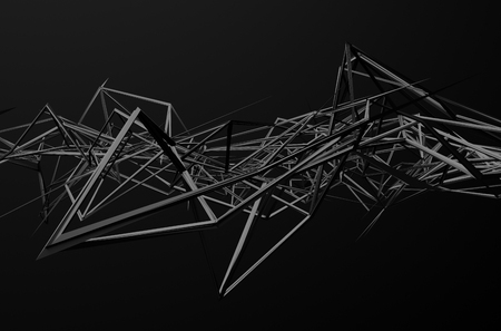 Abstract 3d rendering of chaotic structure. Dark background with futuristic shape in empty space.の写真素材
