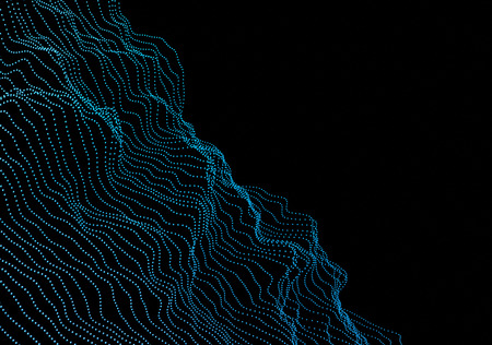 Abstract 3d rendering of waves with particles on black background. Futuristic background with lines of many low poly spheres. Design for poster, cover, banner, placardの写真素材