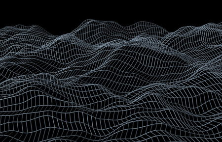 Abstract 3d rendering of surface with waves on black background. Futuristic background. Design for poster, cover, banner, placardの写真素材