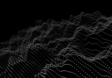 Abstract 3d rendering of waves with particles on black background. Futuristic background with lines of many low poly spheres. Design for poster, cover, placardの写真素材