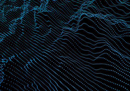 Abstract 3d rendering of waves with particles on black background. Futuristic background with lines of many low poly spheres. Design for poster, cover,  placardの写真素材