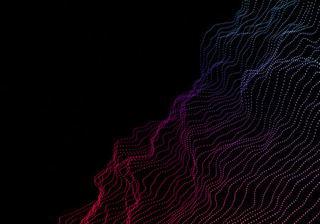 Abstract 3d rendering of waves with particles on black background. Futuristic background with lines of many low poly spheres. Design for poster, cover, placardの写真素材