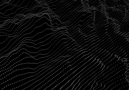 Abstract 3d rendering of waves with particles on black background. Futuristic background with lines of many low poly spheres. Design for poster, cover, banner, placardの写真素材