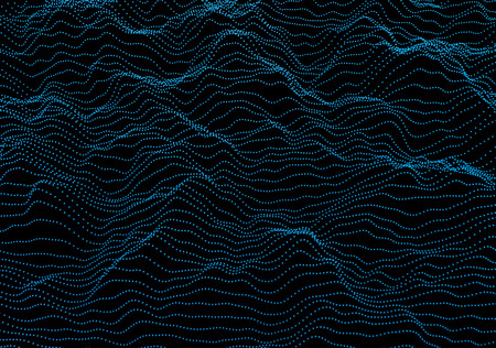 Abstract 3d rendering of waves with particles on black background. Futuristic background with lines of many low poly spheres. Design for poster, cover, banner, placardの写真素材